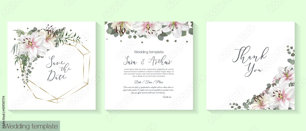 Greeting card for wedding invitation. White lilies, eucalyptus, elegant twigs, polygonal gold frame. Floral template for your text.