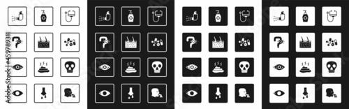 Set Stethoscope, Hair covering skin, Gut constipation, Inhaler, Medicine pill or tablet, Liquid antibacterial soap, Skull and Reddish eye icon. Vector