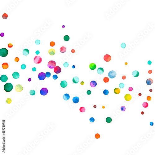 Watercolor confetti on white background. Admirable rainbow colored dots. Happy celebration square colorful bright card. Charming hand painted confetti.