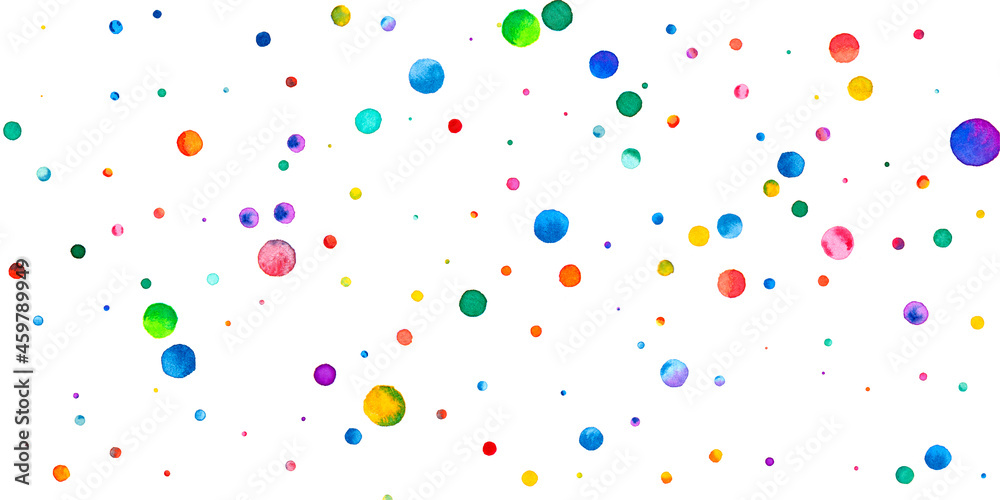 Watercolor confetti on white background. Adorable rainbow colored dots. Happy celebration wide colorful bright card. Energetic hand painted confetti.