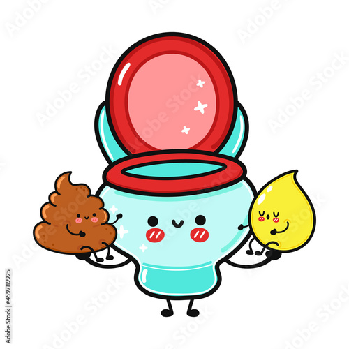 Cute, funny happy drop of urine, turd and toilet character. Vector hand drawn cartoon kawaii characters, illustration icon. Funny cartoon turd, drop of urine and toilet friends concept