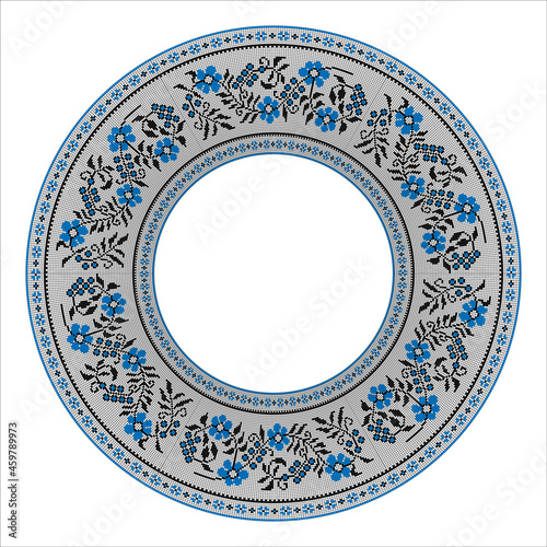 Round frame with repeating floral pattern on white background