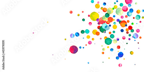 Watercolor confetti on white background. Alive rainbow colored dots. Happy celebration wide colorful bright card. Appealing hand painted confetti.