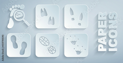 Set Human footprints shoes, Frog paw, Camel and Magnifying glass with footsteps icon. Vector