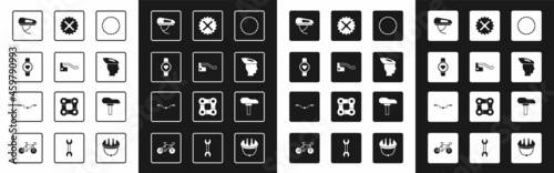 Set Bicycle wheel, brake, Smart watch, helmet, sprocket crank, seat and handlebar icon. Vector