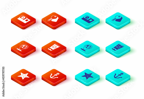 Set Starfish, Anchor, Location on the globe, Sunscreen cream in tube, Hotel door lock key and Action camera icon. Vector