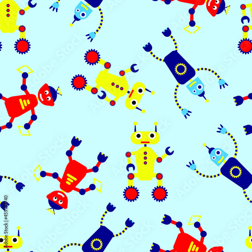 funny vector pattern with robots on a blue background