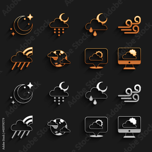 Set Earth planet with clouds, Windy weather, Weather forecast, Location, Rainbow and rain, Cloud moon, Moon stars and icon. Vector