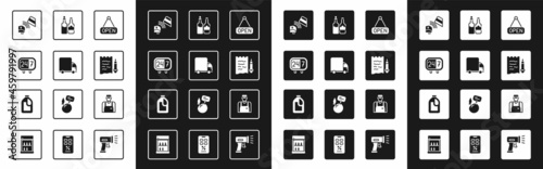 Set Hanging sign with Open, Delivery cargo truck, Clock 24 hours, POS terminal credit card, Shopping list and pencil, Whiskey bottle, Seller and Bottle for cleaning agent icon. Vector