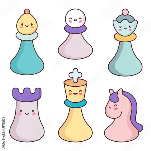 Kawaii style chess pieces. Vector illustration.
