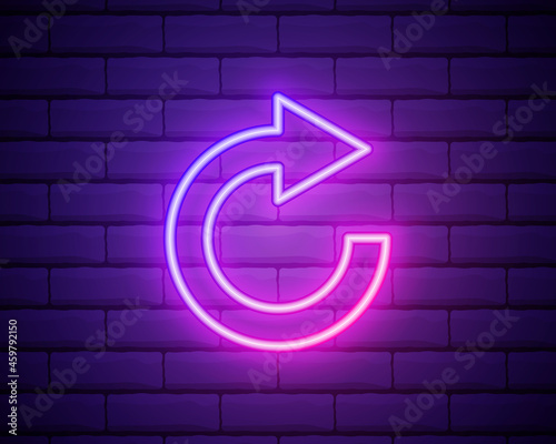 Glowing neon line Refresh icon isolated on brick wall background. Reload symbol. Rotation arrows in a circle sign. Vector Illustration.