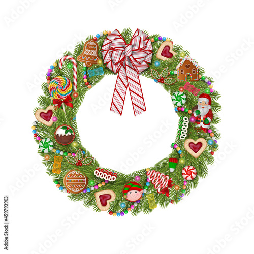 Christmas wreath with candies and cookies