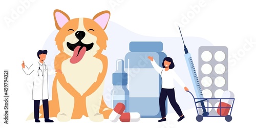 Pet vet veterinary doctor animal clinic Dog pills flat icon Veterinary hospital services and domestic animals hotels Dogs grooming and health check center Vet clinic Pet services sitters metaphors