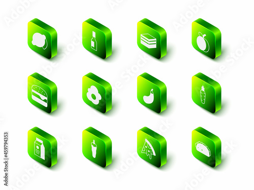 Set Tabasco sauce, Piece of cake, Plum fruit, Carrot, Taco with tortilla, Eggplant, Slice pizza and Hot chili pepper icon. Vector