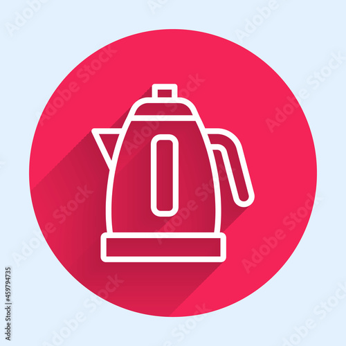 White line Electric kettle icon isolated with long shadow. Teapot icon. Red circle button. Vector