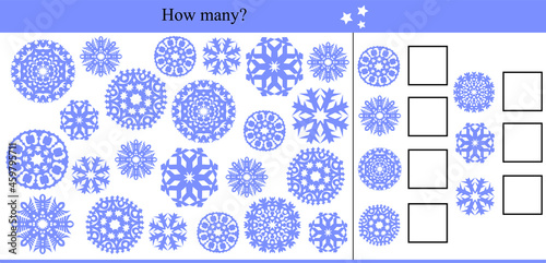 How many snowflakes? Educational game for children. Winter vector illustration