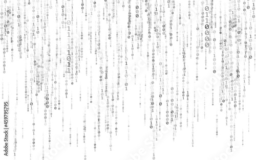 Binary code on white background. Matrix texture with falling numbers. Abstract data stream. Random falling digits on light backdrop. Vector illustration