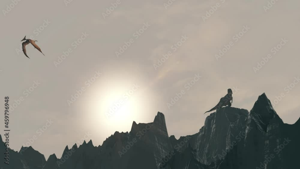 Pterodactyl flying in the sky and T-rex Tyrannosaurus roaring on mountain's cliff. Animation of dinosaurs in the Mesozoic era
