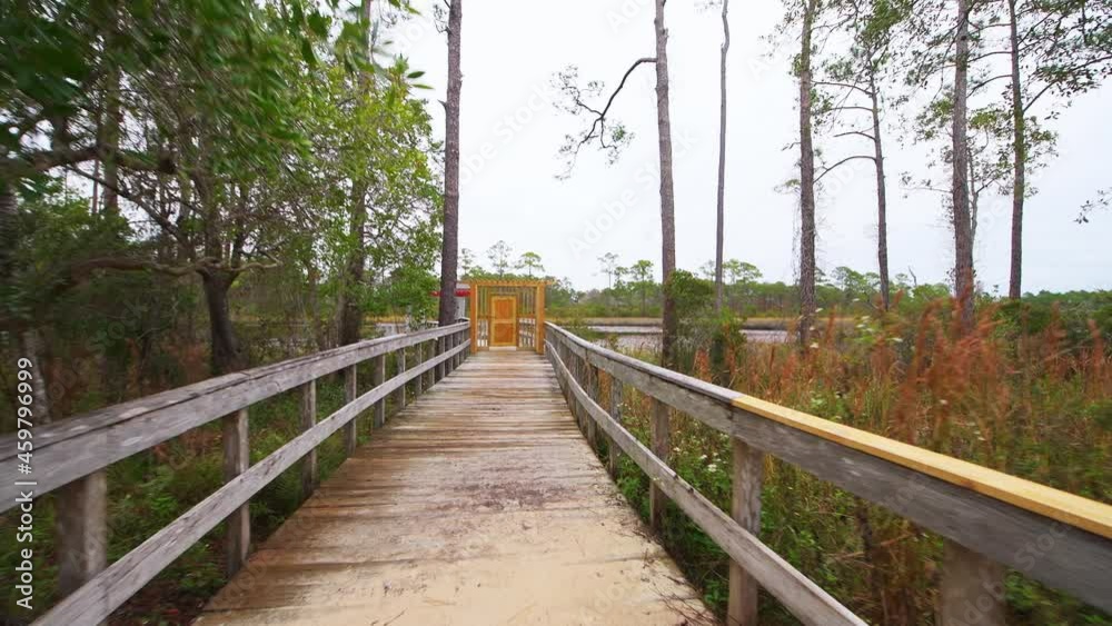 Pov point of view handheld walking in Western lake park boardwalk to shore in Gulf of Mexico Seaside, Florida city in winter