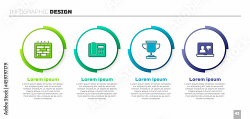 Set Calendar, Telephone 24 hours support, Award cup and Online education. Business infographic template. Vector