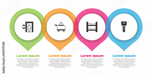 Set Lift, Covered with tray of food, Hotel room bed and door lock key. Business infographic template. Vector