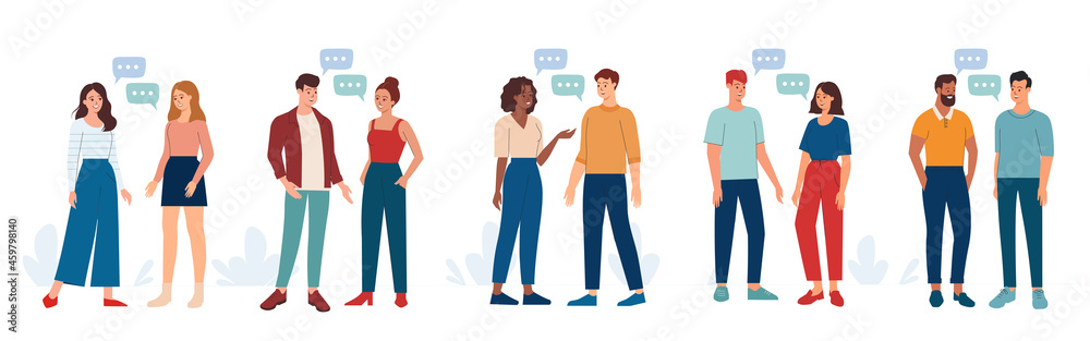Happy people talking, gossiping and speaking. Set of friends meeting and having conversation. Multinational young people chatting with dialogue speech bubbles. Vector illustration isolated on white  - obrazy, fototapety, plakaty 
