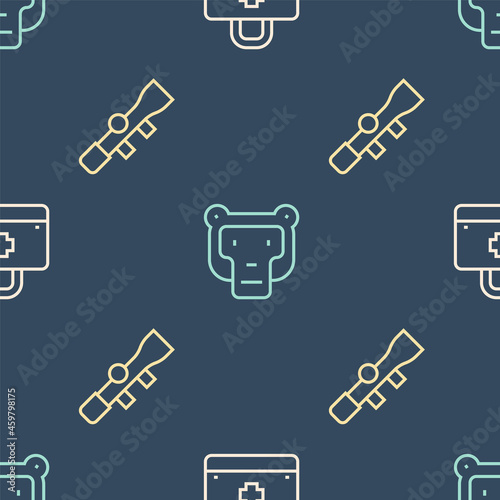 Set line First aid kit, Sniper optical sight and Monkey on seamless pattern. Vector
