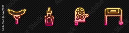 Set line Oven glove, Sausage on the fork, Sauce bottle and Barbecue grill. Glowing neon icon. Vector