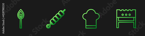 Set line Chef hat, Burning match with fire, Grilled shish kebab and BBQ brazier. Gradient color icons. Vector