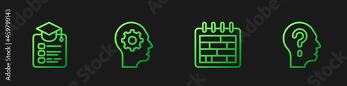 Set line Calendar, Online education, Human head with gear inside and Head question mark. Gradient color icons. Vector