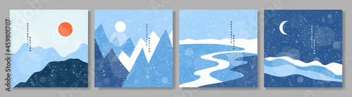 Vector hand drawn illustration. Abstract flat minimalist design landscape set. Winter cold snowy season. Japanese line pattern. Vintage nature graphic. Day, night scene. Clear sky. Mountains, forest