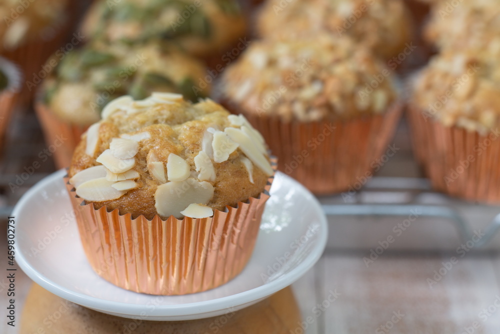 Banana cup cake with almond topping.