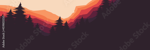 sunrise at  mountain with pine tree silhouette flat design vector banner template good for web banner, ads banner, tourism banner, wallpaper, background template, and adventure design backdrop	