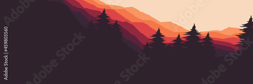 sunrise at  mountain with pine tree silhouette flat design vector banner template good for web banner, ads banner, tourism banner, wallpaper, background template, and adventure design backdrop	