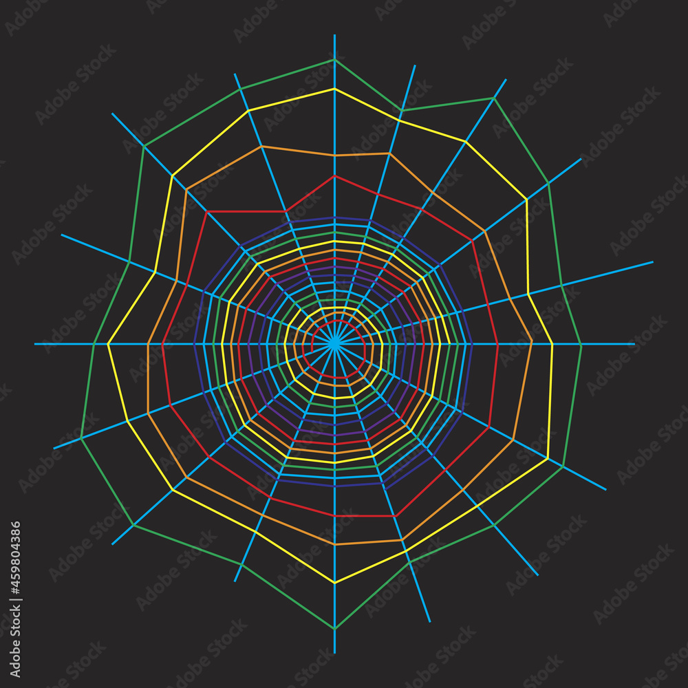 Fototapeta premium Spider web silhouette on black. Tangled trap of multi-colored threads. Cobweb threads of all rainbow colors. Fantasy vertical structure. Orb webs of proteinaceous spider silk. Halloween design element