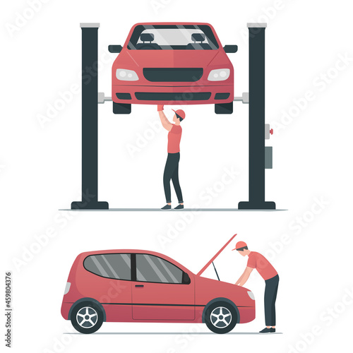 Car mechanic set. Auto repair shop. Colored flat vector illustration. Isolated on white background.