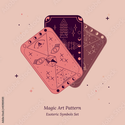 Tarot cards are fanned out. An example of esoteric objects and symbols. Opening of third eye of soul, phases of moon, celestial spheres, stars. Vector illustration for esoteric science design