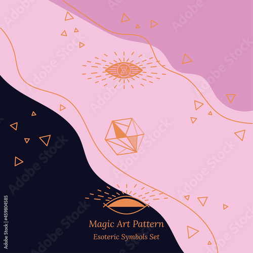 Esoteric symbol of opening third eye of the soul. Science Illustration, look into universe concept. Vector outline drawing style design for tarot cards, social networks, groups, web pages.