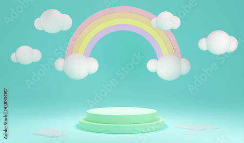 3D Rendering pastel blank product stand podium display with rainbow and  cloud on background for commercial design. Minimal pink theme. 3D Render. 3D illustration.