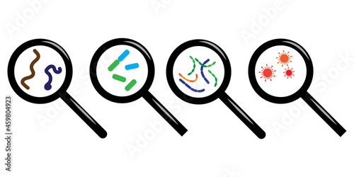 Colored virus. Magnifying glass with bacteria set. Science background. Medicine concept. Vector illustration. Stock image. 