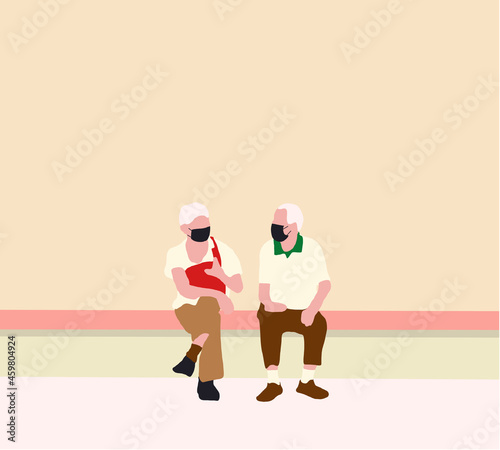 Old senior friends with medical mask talking and keep social distancing at park during the coronavirus epidemic. Vector illustration in flat style. Virus protection concept