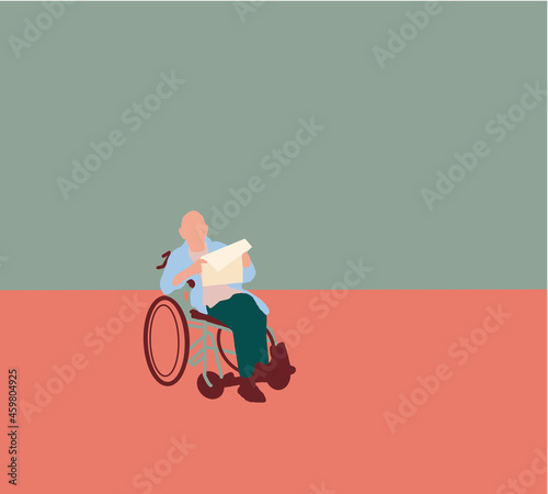 Old man in wheelchair is reading a newspaper. Vector cartoon illustration isolated.