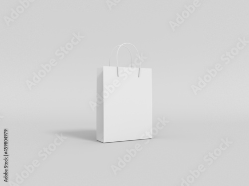 White paper shopping bag mockup 3D rendered illustration. Blank mockup with empty space and rope handle. Paper bag on white background. Mockup for design. Empty Shopping Bag on white for advertising.