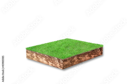3D render. Soil cubical cross section with green grass isolated on white background