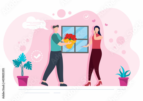 Flower Delivery Service Online Business with Courier Holding a Flowers Order Bouquet Using Trucks  Cars or Motorbikes. Background Vector Illustration