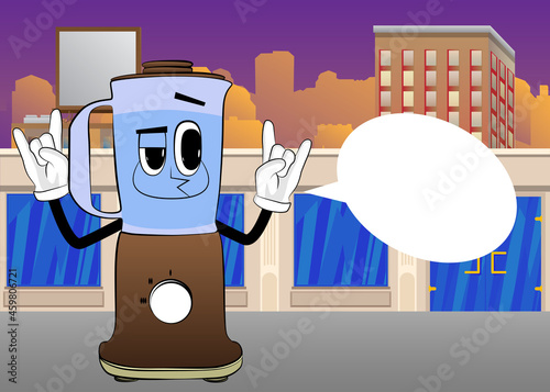 Food Blender with hands in rocker pose as a cartoon character with face. Electric kitchen equipment for food processing.