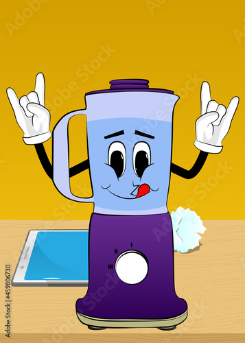 Food Blender with hands in rocker pose as a cartoon character with face. Electric kitchen equipment for food processing.