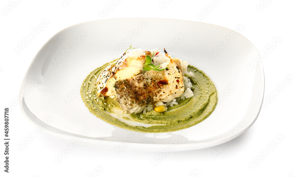 Plate with tasty baked cod fillet, rice and guacamole sauce on white background Plate with tasty baked cod fillet, rice and guacamole sauce on white background