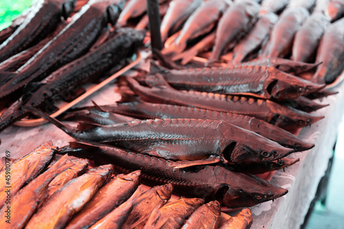 Smoked fish on the shelves of the Volga region. Close-up image photo