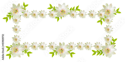 Beautiful tropical leaf frame with flowers isolated on white background .idea for design text © HappyBall3692